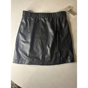 Pink Rose Black Faux Leather Mini Skirt High Waisted Side Slit NWT Size M